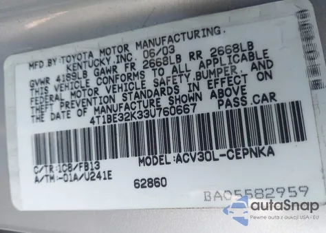 2003 Toyota Camry Le from USA, damaged, VIN 4T1BE32K33U760667